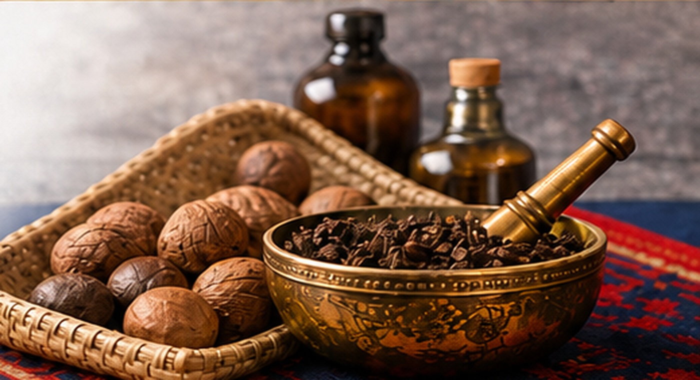 Warm Indonesian spices arranged in a brass bowl with natural ingredients