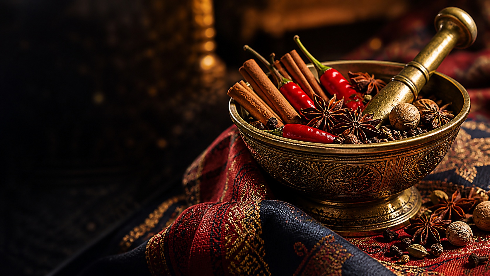Close-up of cinnamon and spices in a brass bowl